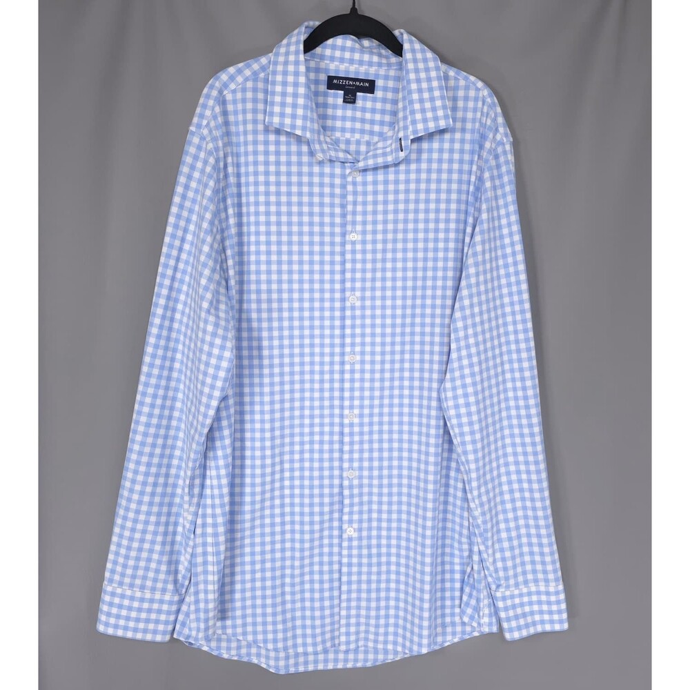 MIZZEN + MAIN Leeward Mens Dress Shirt XL Gingham Trim Tall Blue White  1WS-0902
